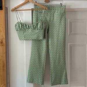 Zara Green Floral Crop Top And Pants Set